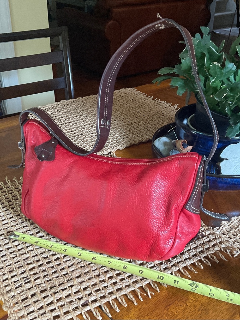 Petusco Red Leather Shoulder Bag with Brown Trim , classic shoulder bag